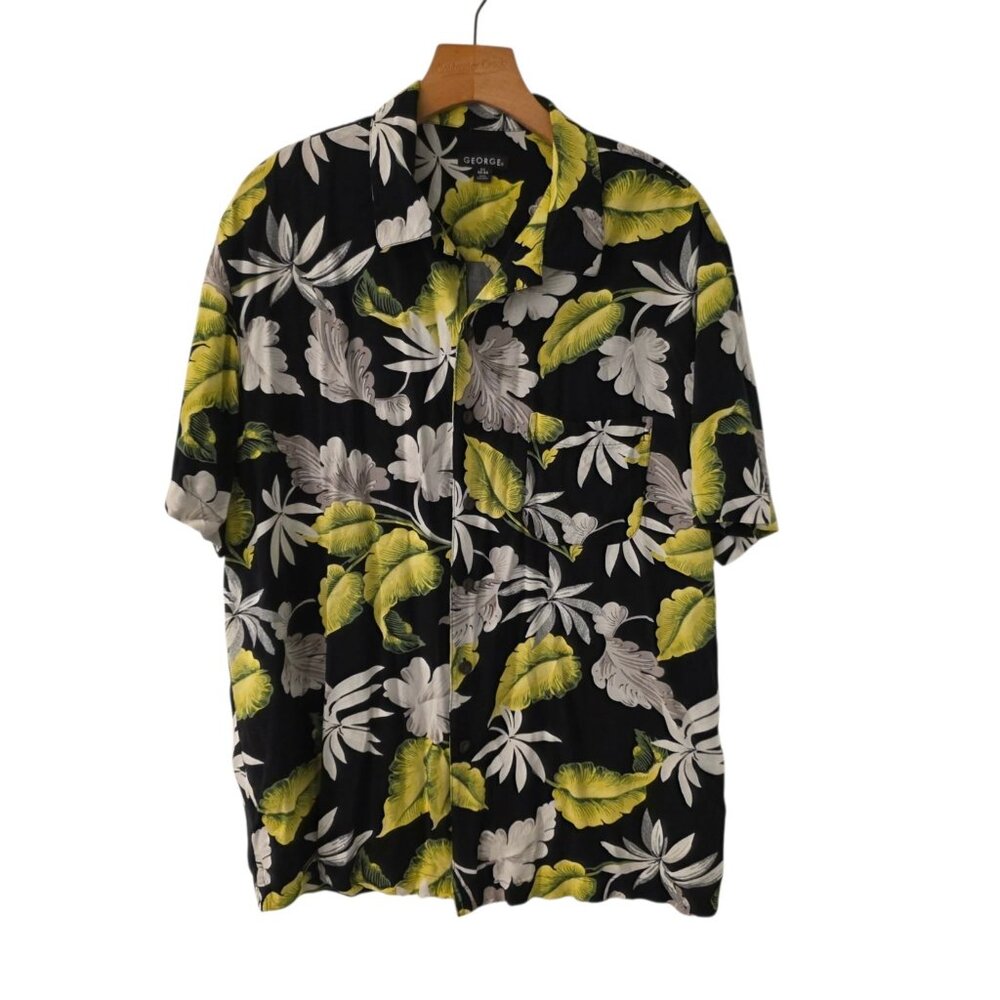 George Hawaiian Shirt Rayon Button Up Black Yellow Floral Tropical Mens Large